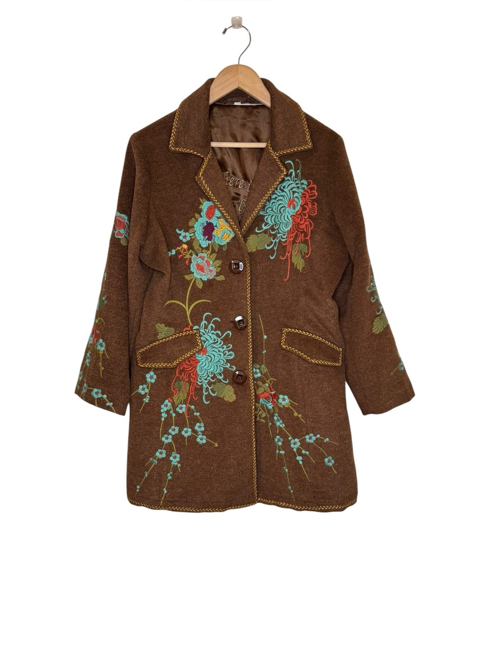 Boho Embroidered Floral Women's Brown Button Front Jacket Coat Size Large